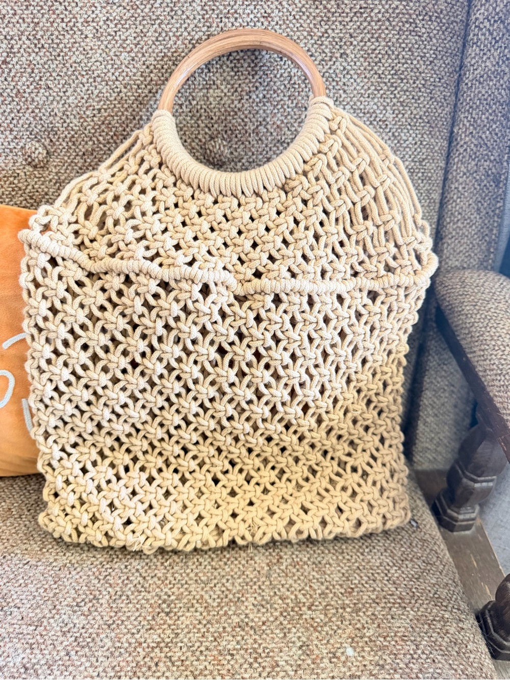Woven Macramé Tote Bag with Wooden Handles - Cream